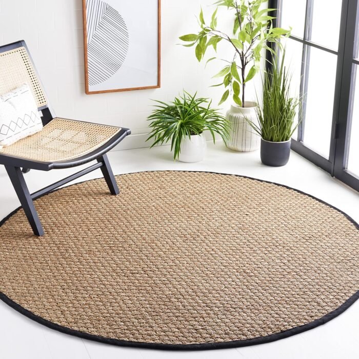 Safavieh Natural Fiber Collection Area Rug – 3′ Round, Natural & Black – Border Basketweave Seagrass Design (NF114C)
